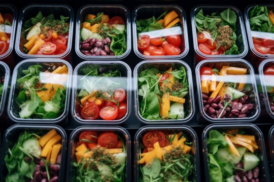 ready to eat vegetable salads in plastic boxes sold in a fridge