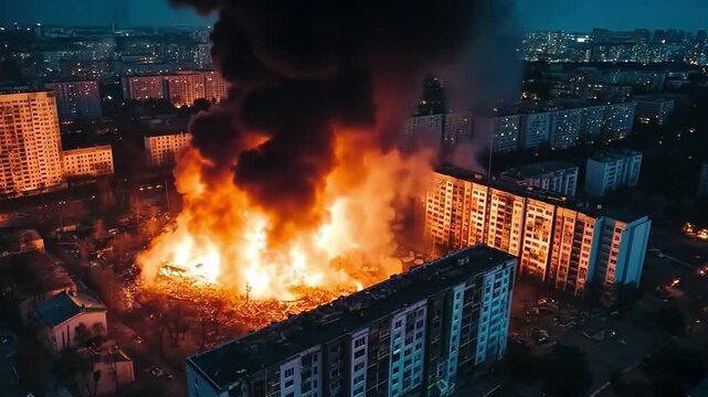 This powerful image captures a night-time inferno consuming a building, releasing thick smoke that darkens the sky. An impactful representation of disaster in an urban environment. AI