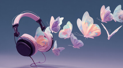 Surreal headphones with colorful butterflies in flight