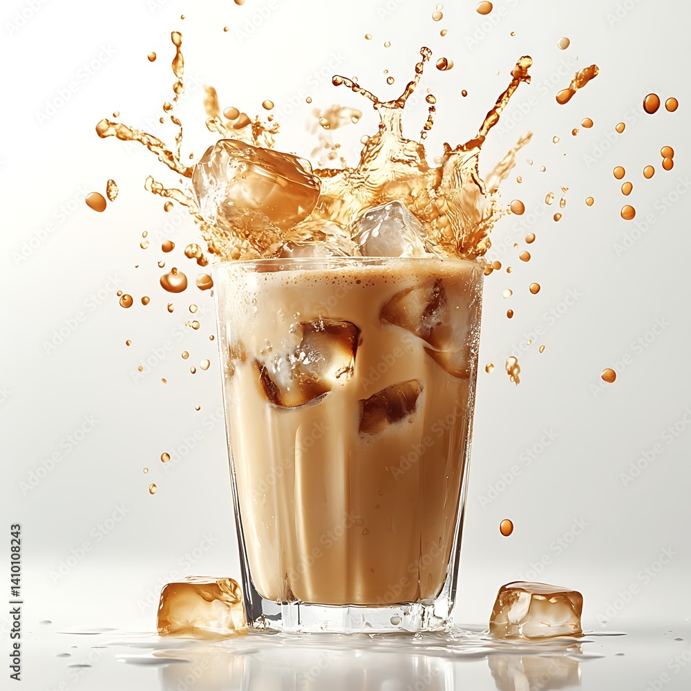 Poster cool iced drink explosion: a refreshing beverage bursts from its glass, with dynamic splashes and ic