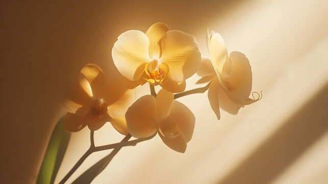 Delicate yellow orchids bathed in golden sunlight.