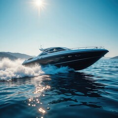 Fototapeta premium A sleek motorboat glides swiftly over the shimmering blue water, creating frothy white waves behind it as the sun reflects off the surface, illuminating the scene with a warm glow.