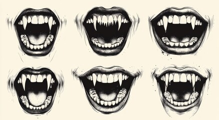 Pixelated Open Mouths with Fangs Black and White Vector Illustration