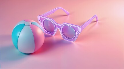 Isometric Neon Sunglasses with Floating Beach Ball