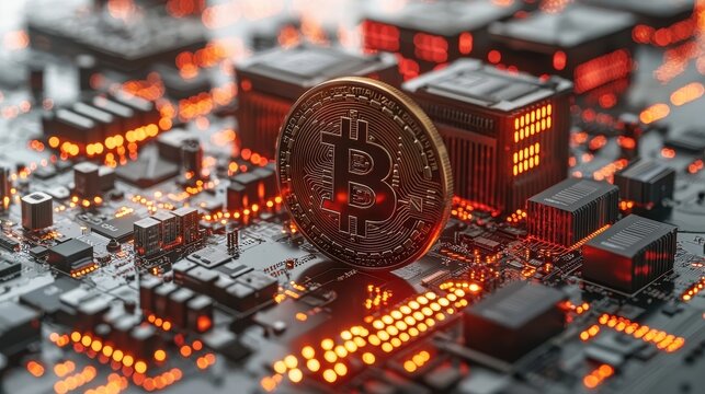 Bitcoin Coin Among Circuit Board with Glowing Lights and Chips