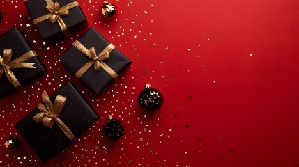 Black gift boxes with gold bows, ornaments, and gold star confetti on a red background with copy space.