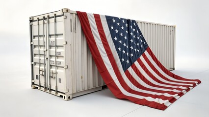 A large cargo shipping container draped with a flowing American flag signifying US trade and global export logistics in a clean studio setting.