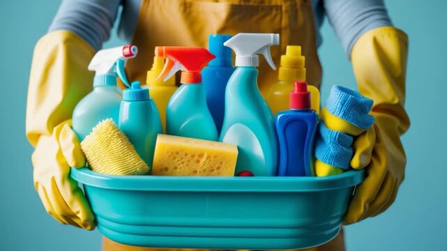 Rubber-gloved hands hold a basin of cleaning supplies isolated on a blank background for text placement.