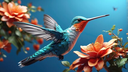 Naklejka premium A vibrant hummingbird with iridescent blue and green feathers hovers mid-air