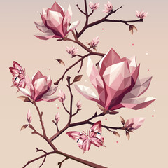 Geometrische rosa Magnolienblüten mit polygonalen Schmetterlingen auf Zweigen. Low-Poly-Illustration mit Frühlingsblüten, Blättern und zarten Farben auf hellem Hintergrund.