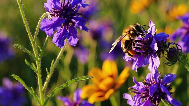 Bee pollinating on purple flowers in the garden