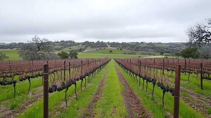 Fototapeta premium Serene Vineyard Landscape Under a Cloudy Sky