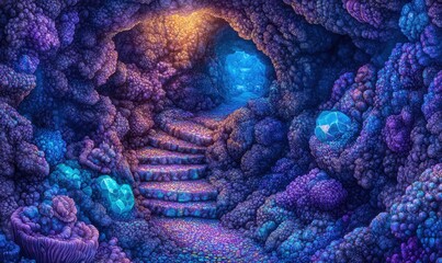Obraz premium Crystal Cave Staircase Fantasy world, glowing path, gemstone background, game asset