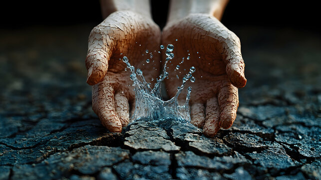 Hands cupping water on cracked earth