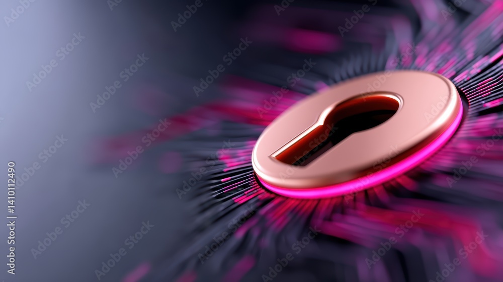 Poster a close-up of a stylized keyhole with a glowing pink aura, symbolizing security and digital access i