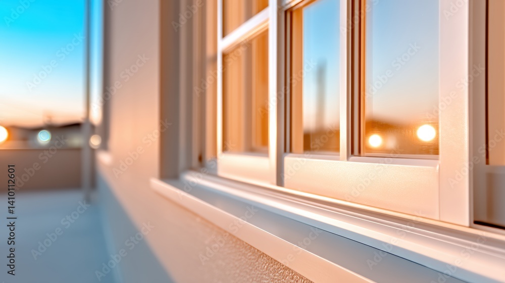 Poster a close-up view of a window frame showcasing a warm sunset glow, highlighting the architectural desi
