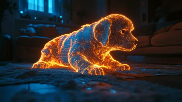 Neon puppy, lying down, glowing warmly.