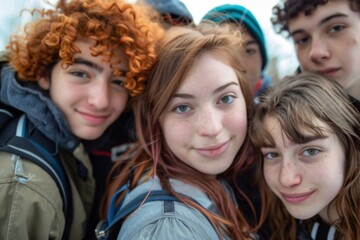 Fototapeta premium Portrait of a group of high school students looking at camera after school