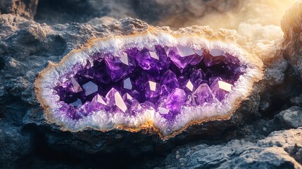 Obraz premium Amethyst Geode Close-up with Purple Crystals on Gray Rocks in Sunlight