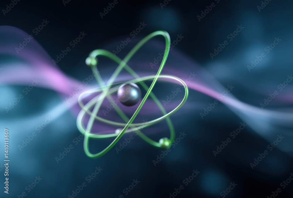 Poster an abstract representation of an atom, featuring a nucleus and orbiting electrons, set against a vib
