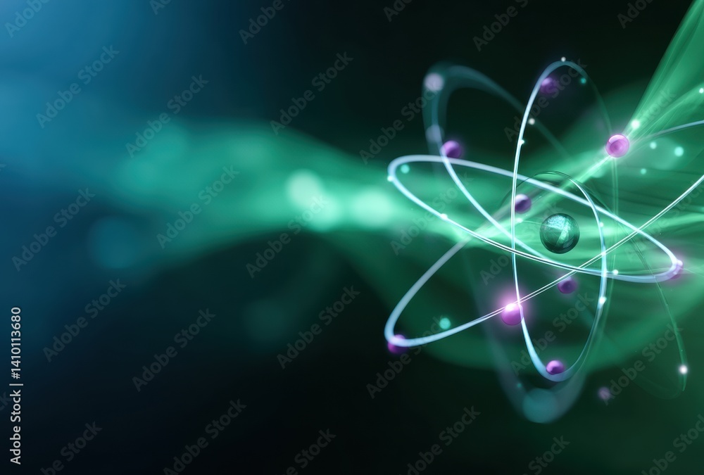 Poster an abstract representation of an atom with glowing elements, symbolizing energy and scientific conce