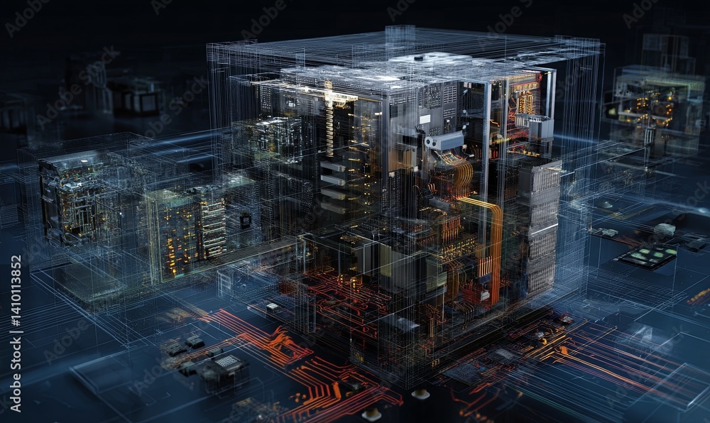 Poster futuristic depiction of a complex computer architecture in digital form