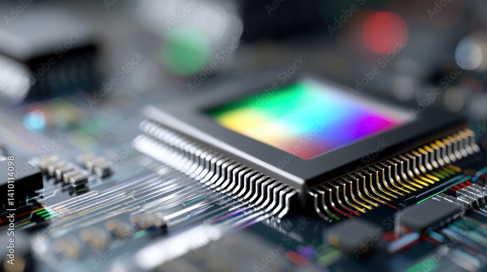Poster a close-up view of a microchip on a circuit board, showcasing intricate connections and vibrant colo
