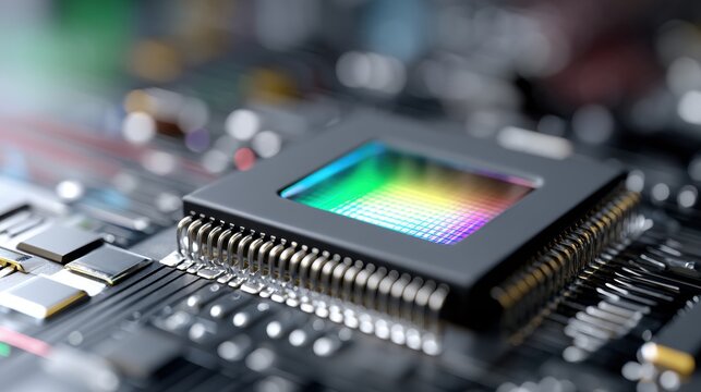A close-up view of a computer chip showcasing intricate electronic components and a vibrant, multicolored sensor area.
