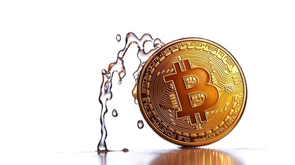 A stylized Bitcoin coin with water splashing around it, symbolizing liquidity and the fluid nature of cryptocurrency.