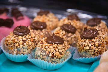 Brazilian Gourmet Brigadeiro with chestnut and hazelnut cream in close-up photo. Brazilian food, dessert. Traditional sweets at parties and events in Brazil.