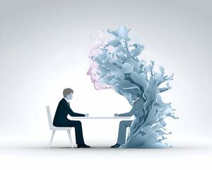 Abstract business meeting; two figures at table, one's identity obscured by swirling liquid form