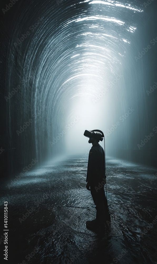Poster exploring a dark tunnel with virtual reality technology