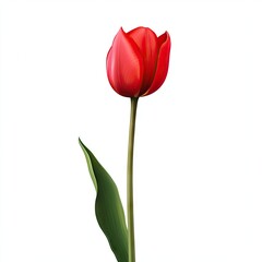 Single red tulip blossom with green stem and leaf, isolated on white