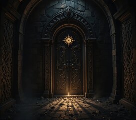 Fototapeta premium A foreboding dark castle stands tall against a twilight sky, its ancient stone walls weathered by time. An inviting open door reveals a warm, golden light spilling from above, casting eerie shadows.