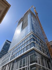 Bright blue sky accentuates the size and scale of the crane and the incomplete building - cityscape machinery transportation modern
