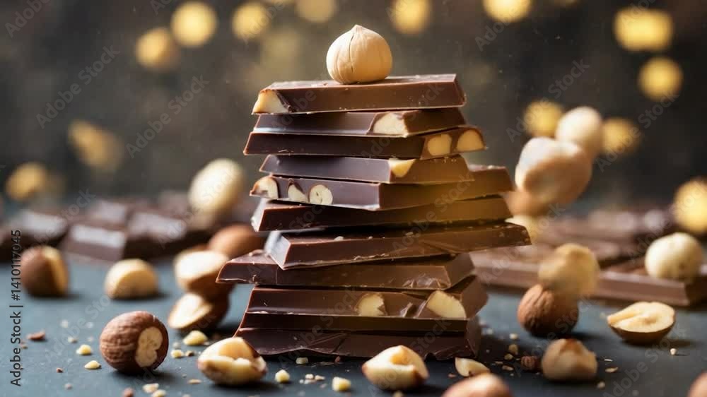 Poster delicious milk chocolate bars with nuts displayed on a tabletop up close. stacked segments of chocol