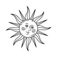 Obraz premium Smiling sun vector illustration in medieval style. Outline drawing of sun face, astrological and celestial symbol. Vintage stylized pen and ink sketch for cards, logo, banners and printing design