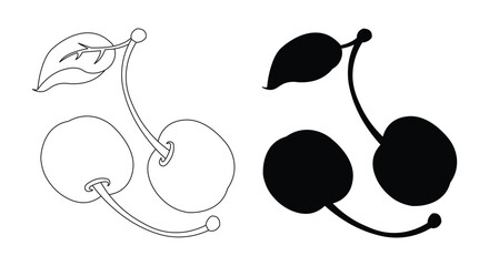 Cherry Outline and Silhouette Illustration with Stem and Leaf