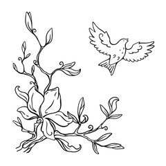 Magnolia tree and singing bird vector illustration. Spring mood outline drawing of magnolia branch in whimsical doodle style. Cute pen and ink sketch for greeting cards, posters, invitations.
