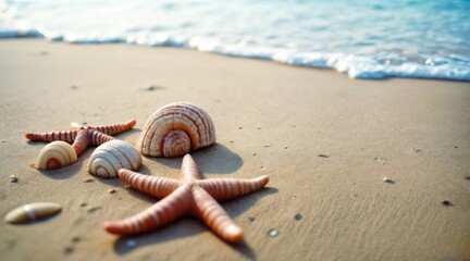 Obraz premium Morning Wave Retreats Over Beach Shells and Starfish
