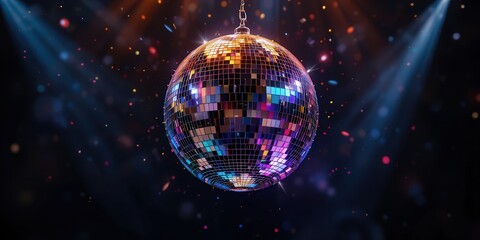 A shimmering disco ball suspended from the ceiling reflects colorful lights across the room, creating a vibrant atmosphere filled with dancing shadows and sparkling highlights.