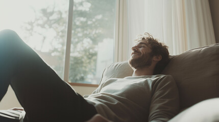 Smiling Man Relaxing on Couch in Bright Cozy Room
