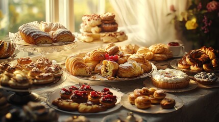 Variety of Fresh Pastries and Cakes Displayed on a Dessert Table