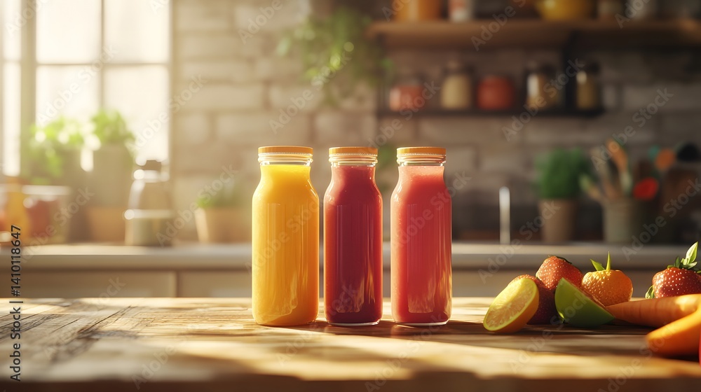 Poster beautiful table setting featuring a variety of smooth juices presented in jars or bottles for a heal