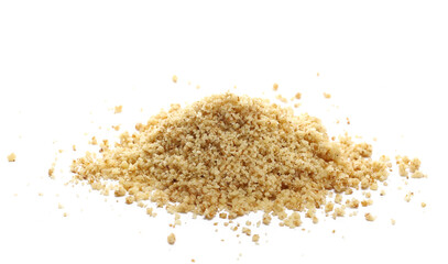 Pile walnut chopped, finely ground isolated on white background, side view	