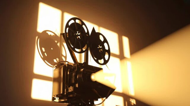 Light beam from vintage movie projector illuminates dark room, creating nostalgic cinematic retro atmosphere