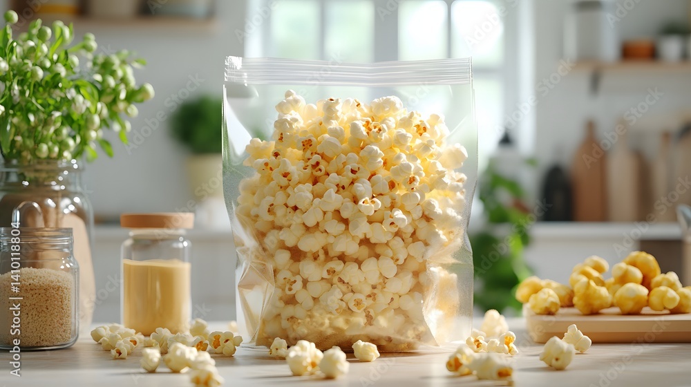 Poster elegant display of a bag of popcorn next to a jar filled with fresh popcorn kernels on a neutral bac