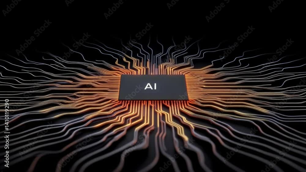Poster ai chip's core: a detailed view of a sophisticated ai microchip, illuminated against a dark backdrop