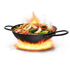 Stir fry cooking in a wok on fire with vegetables and chicken for a healthy meal preparation idea on transparent background
