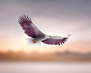 Obraz premium Majestic eagle in flight, wings spread wide against a soft, hazy sunset